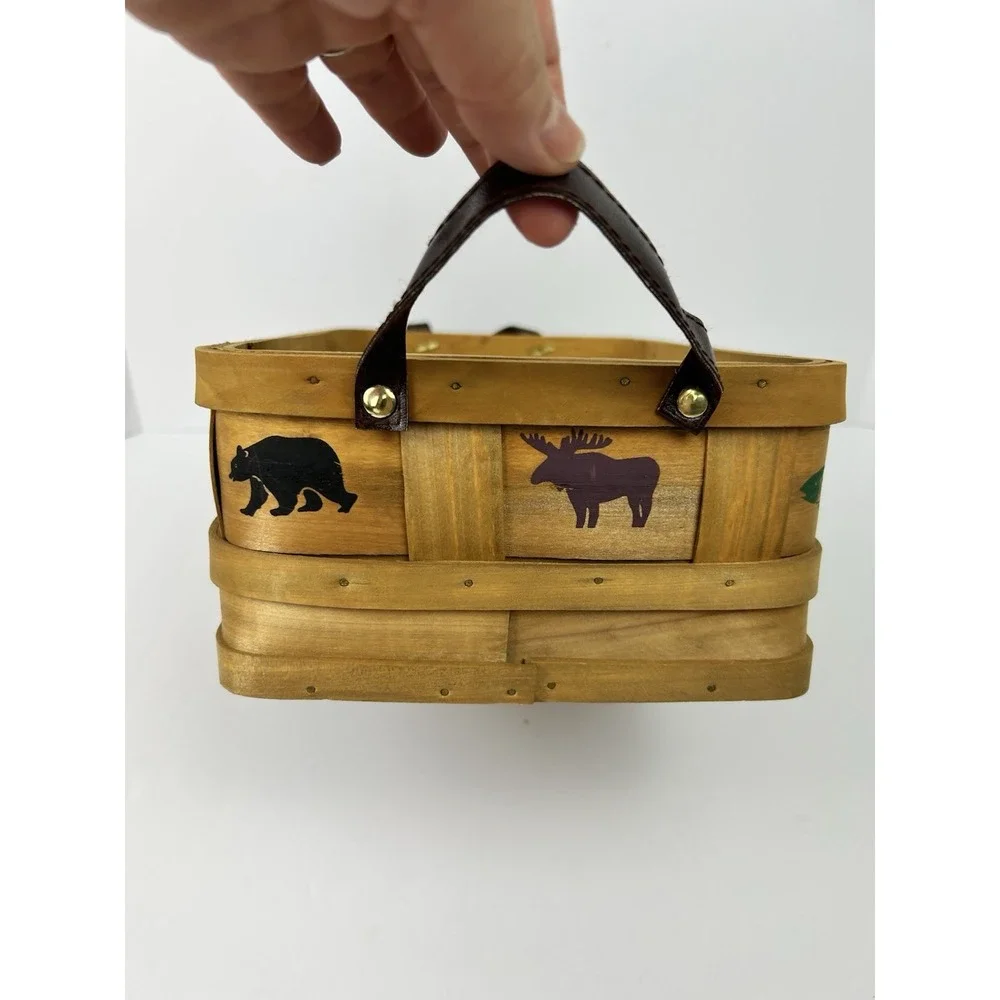 Vintage Rustic Bentwood Basket Bear Moose Fish Leather Handles Cabin Lodge Decor